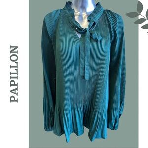 Papillon Women’s Multi Pleat Loose Fit Emerald Green Blouse Neck Tie Size XXL 18